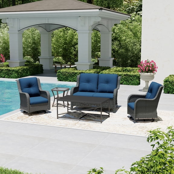 Joyside 5 Piece Wicker Patio Set with 2-Seat Loveseat Sofa, 2 Swivel Rocker Chairs, Side Table & Coffee Table, Outdoor Furniture Sectional Conversation for Deck Porch, DarkBlue