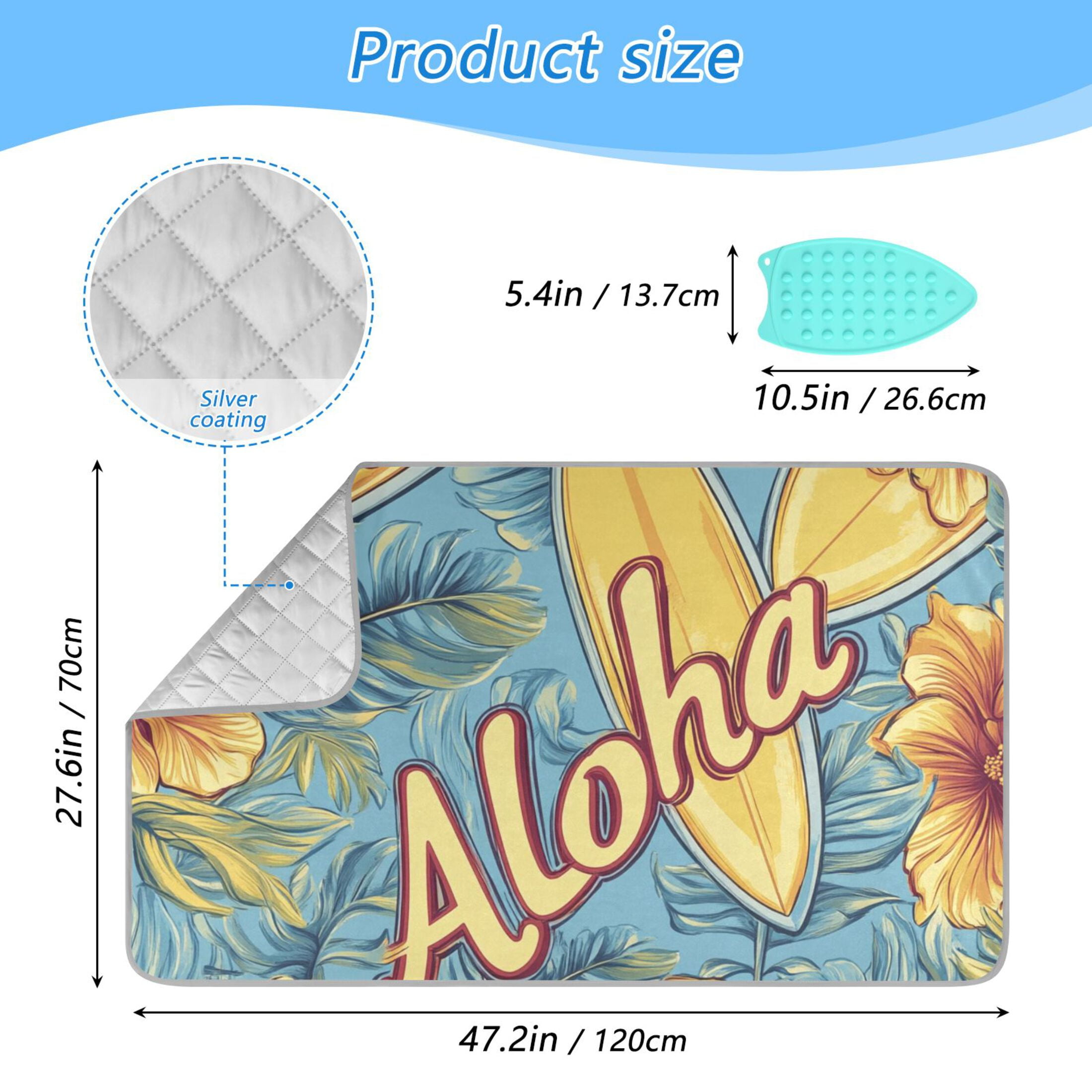 Tropical Surfboards Flowers Leaves Hawaii Ironing Mat Blanket Portable Travel Ironing Pad Heat Resistant Pad 47.2" x 27.6”