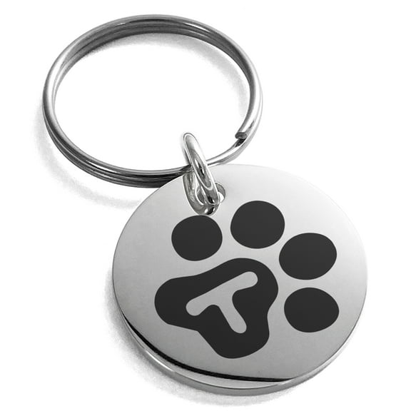 Stainless Steel Letter T Initial Cat Dog Paws Monogram Engraved Small Medallion Circle Charm Keychain Keyring