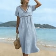 thumbnail image 5 of ClodeEU Women's Linen Blend V Neck Short Sleeve Tiered Ruffle Midi Dress,Casual Loose Boho Beach Sundress Light Blue,Women's Plus S, 5 of 8