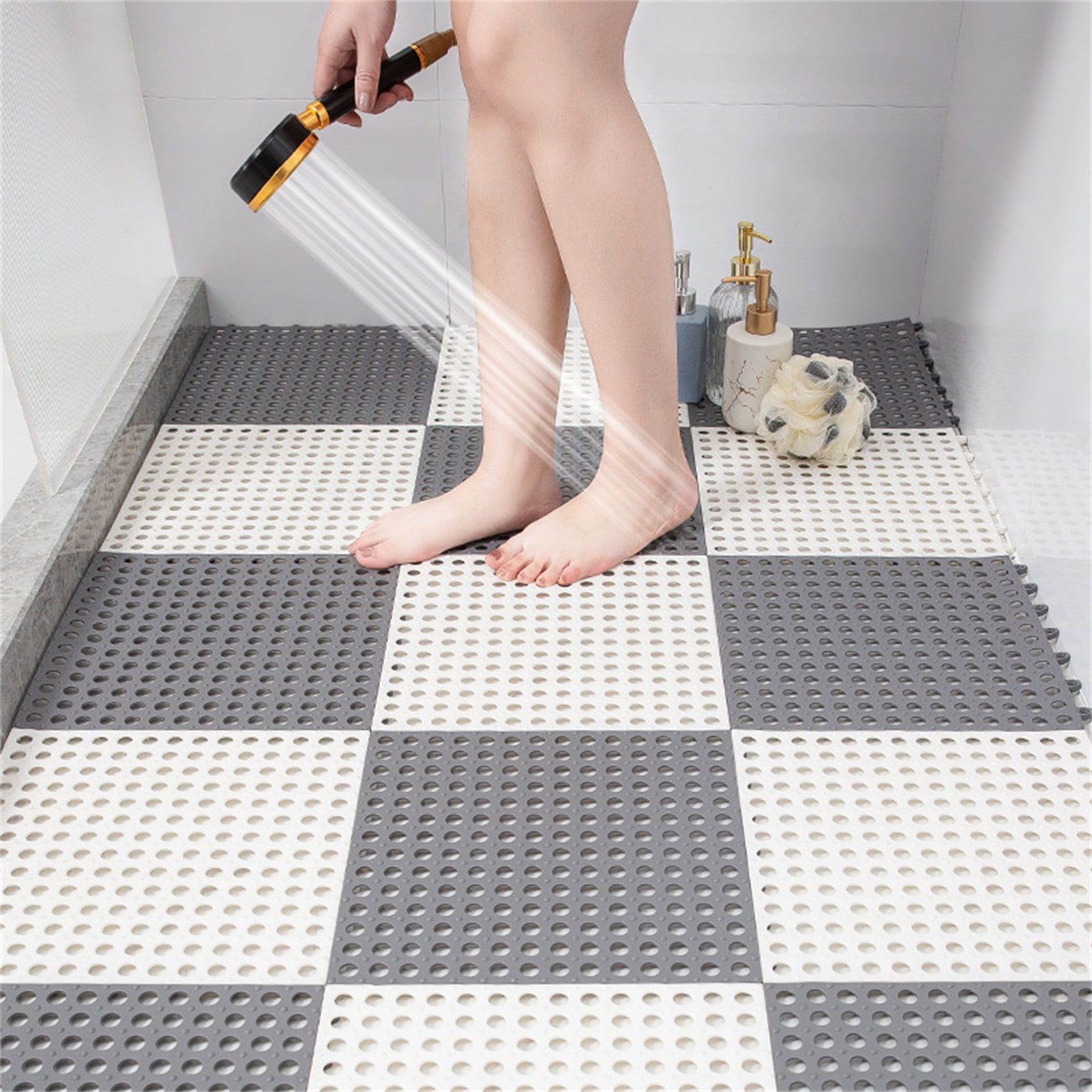Huaai Carpet Square Shower Mat Extra Large Non Slip Mat For Elderly & Kids  Bathroom Drain Holes Strong Suction Cups White 