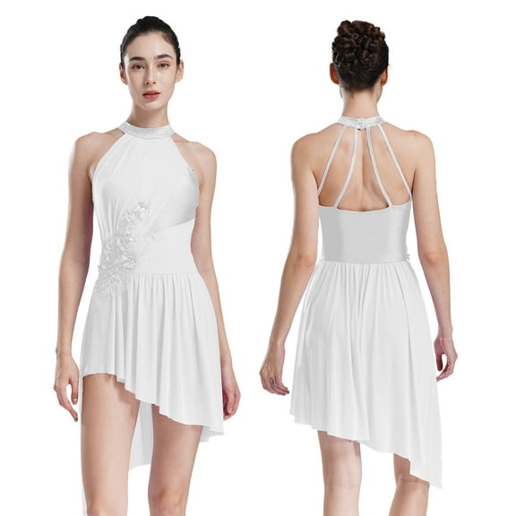 YiZYiF Womens Lyrical Dance Dress Halter Sleeveless Irregular Tulle Skirt Leotard Applique Dancewear Ivory M