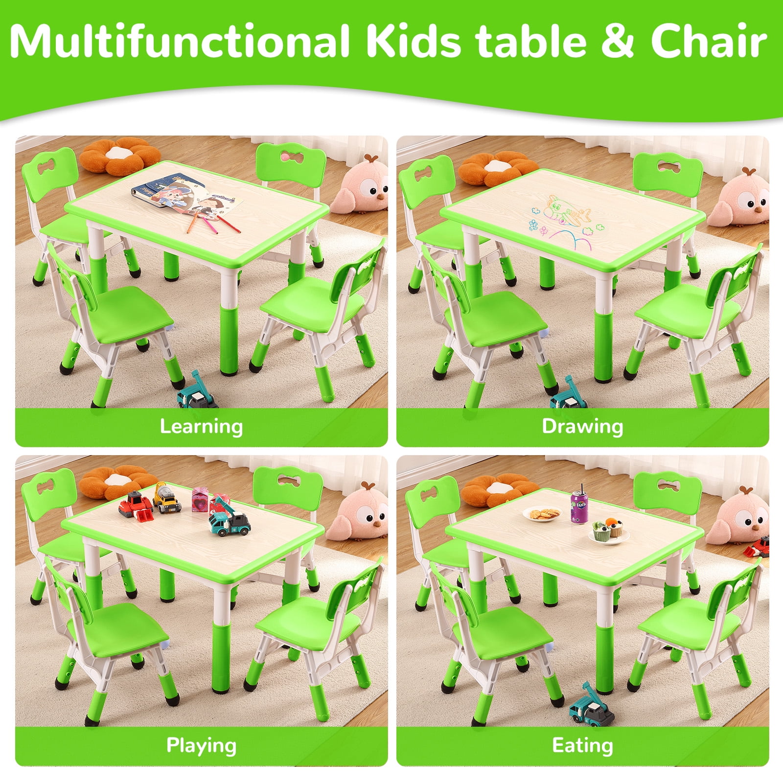 M optimized Kids Table and 4 Chairs Set, Height Adjustable Toddler Table and 4 Chair Set for Ages 2-10 for Crafts and Study, Graffiti Desktop, Non-Slip, Children Activity Table for Daycare, Classroom
