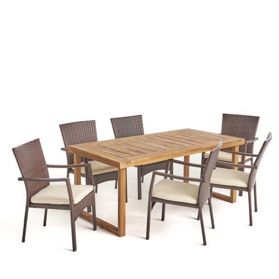 GDF Studio Humphrey Outdoor 6-Seater Acacia Wood Dining Set with Wicker Chairs, Sandblast Natural Finish and Multi Brown and Beige