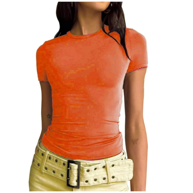 AherBiu T-Shirts Courts Grande Taille pour Femmes, Basiques, Extensibles, Manches Courtes, Col Rond, Coupe Ajustée, Sorties, Couleur Unie, T-Shirts Hauts
