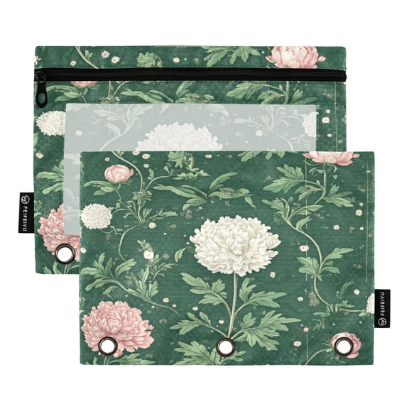 Green Botanical Print 9.8x7.1in Water Resistant Binder Pouch, 3-Ring Compatible, Transparent Front