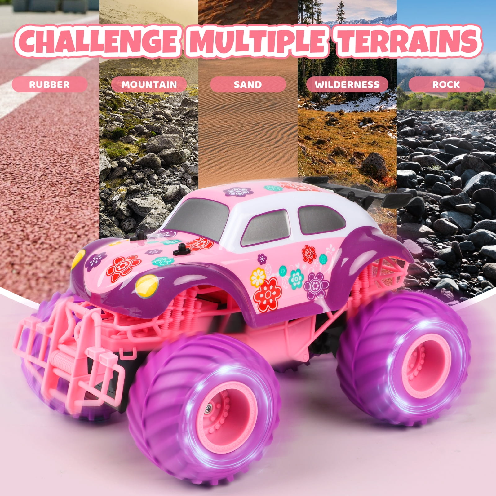 Beefunni Pink RC Car for Girls, 4WD Off-Road Remote Control Truck with 2.4GHz, Rechargeable Battery, All-Terrain RC Jeep Toy for Kids Ages 4-7, Birthday Gift for Girls