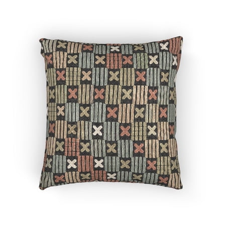 Gray Olive and Rust Geometric Grid Decorative Woven Pillow Cotton-Polyester Shell
