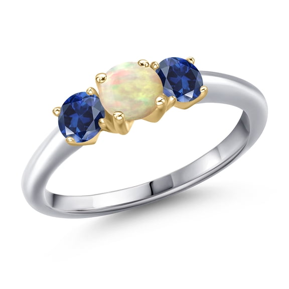 Gem Stone King 925 Silver and 10K Yellow Gold White Ethiopian Opal and Blue Created Sapphire Engagement Ring for Women | 0.80 Cttw | Round Cabochon 5MM | Gemstone October Birthstone | Size 8