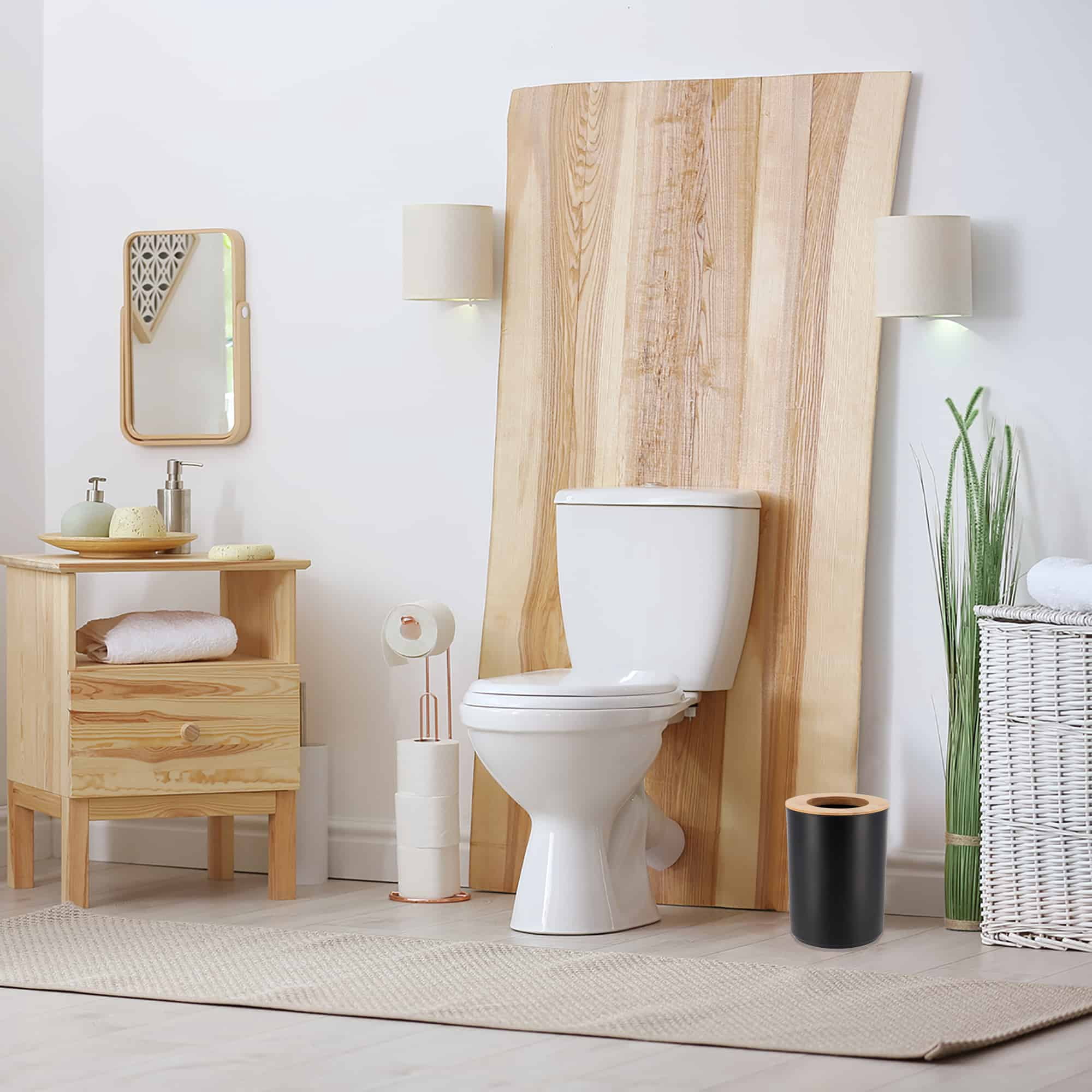 Black Bathroom Trash Can Padang Bamboo Top 1.3 Gal - Stylish and Sustainable 5L Waste Solution