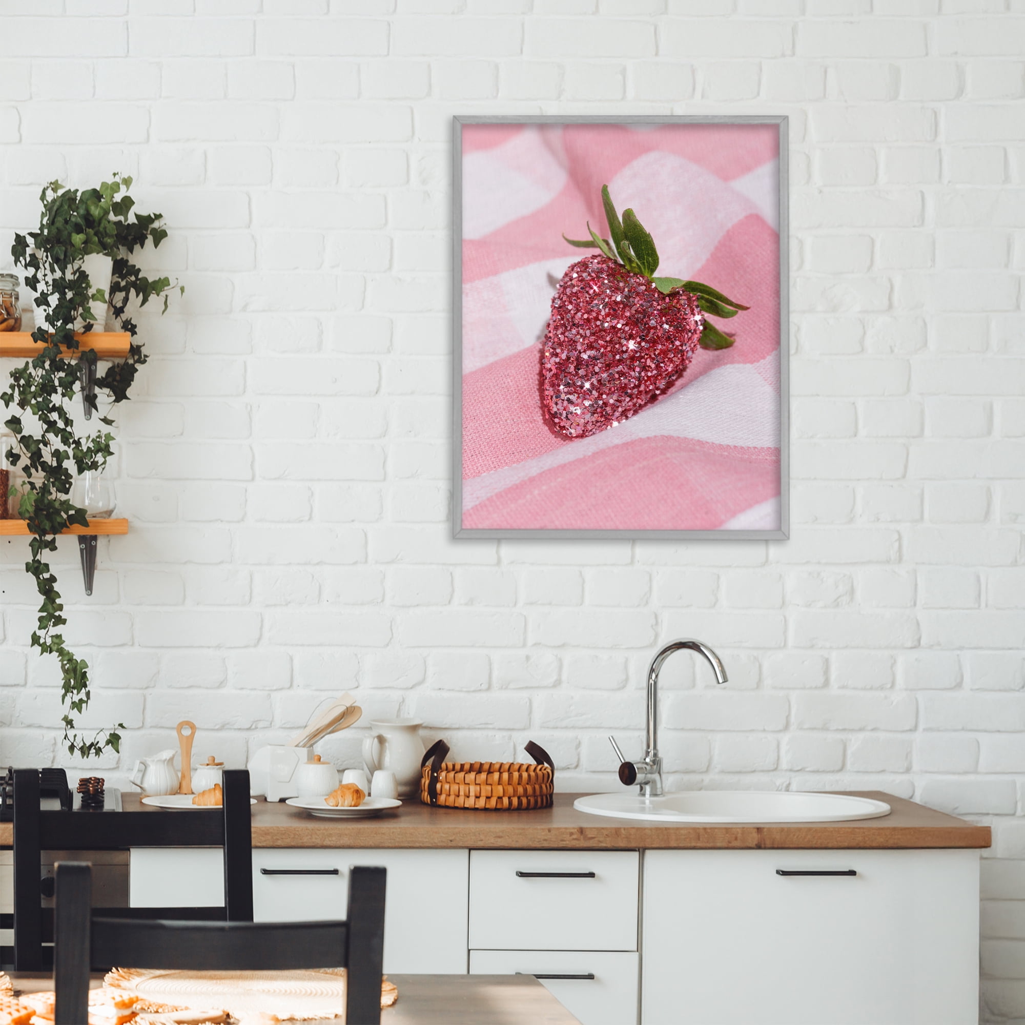 Stupell Industries Glimmer Strawberry on Pink Gray Framed Giclee Art, design by LISH Creative