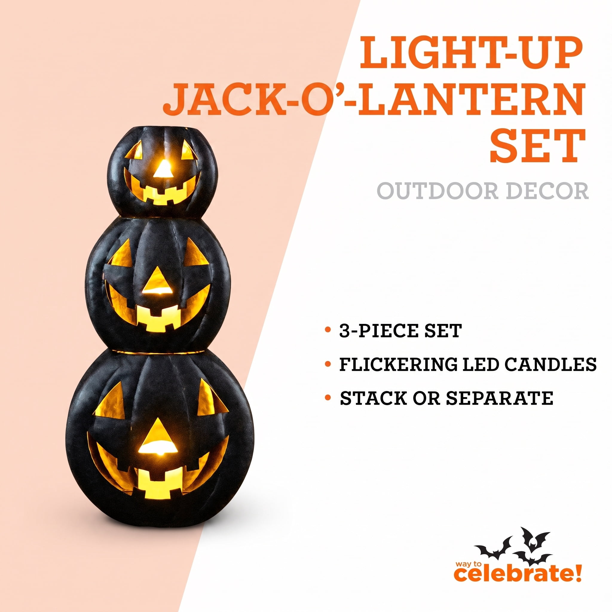 Light-Up Jack-o'-Lantern Set, Black, 3 Pieces, Halloween by Way To Celebrate