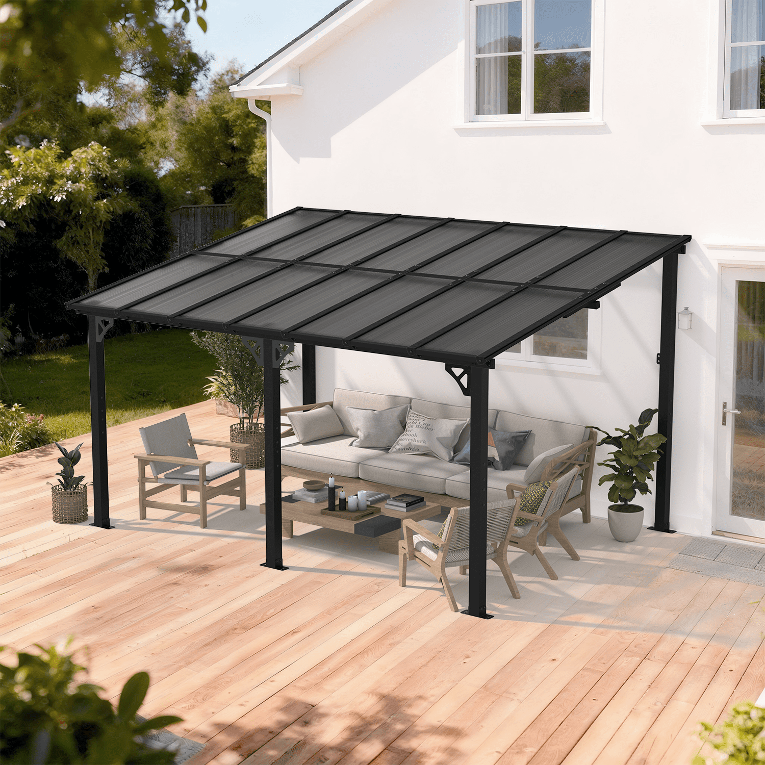 BaPiPro 14x10 ft Wall-Mounted Hardtop Gazebo with Polycarbonate Roof, Aluminum Frame, Outdoor Patio Cover for Poolside or Backyard, UV Resistant