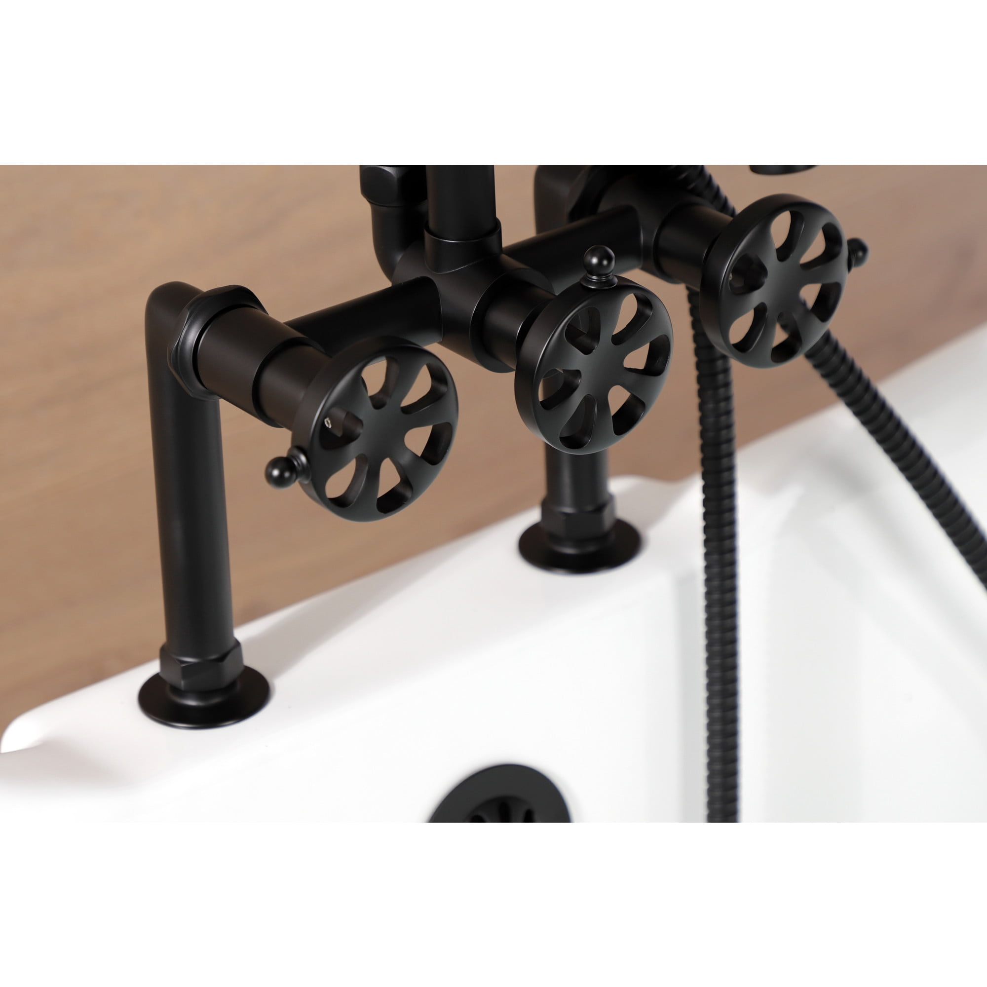 Kingston Brass AE8100RX Belknap Three-Handle 2-Hole Deck-Mount Clawfoot Tub Faucet with Hand Shower in Matte Black