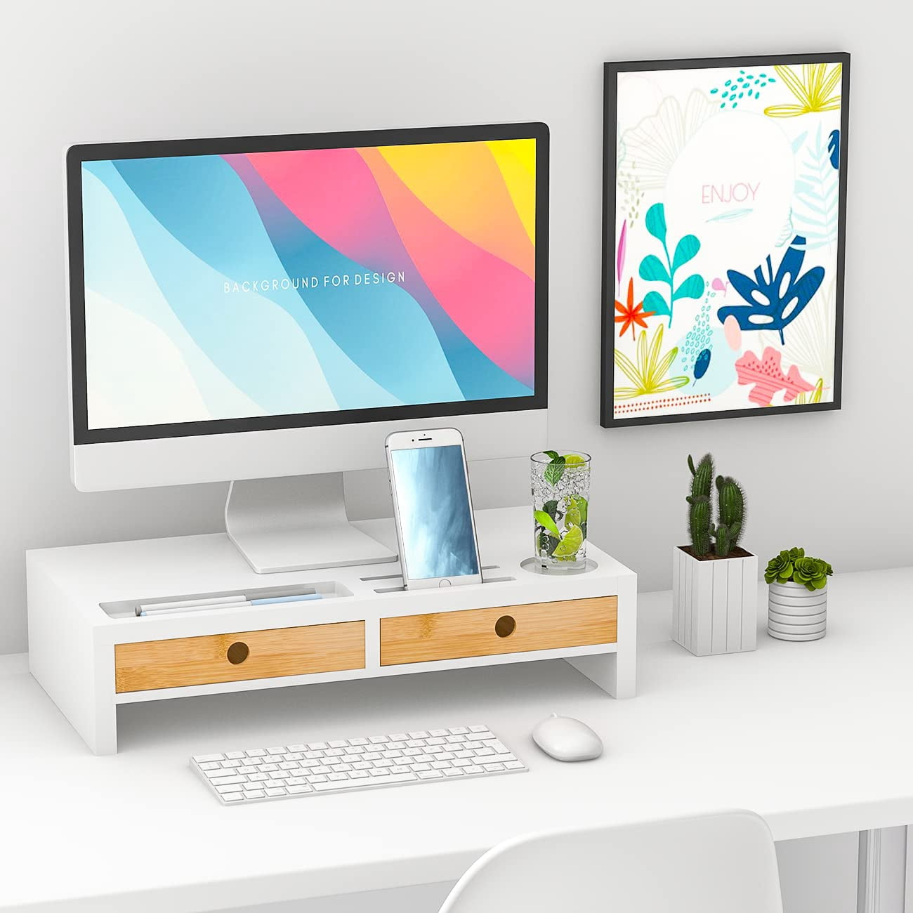 Bambloom Monitor Stand with 2 Drawers,White Wood Monitor Riser for Computer, Laptop, Printer,Tv
