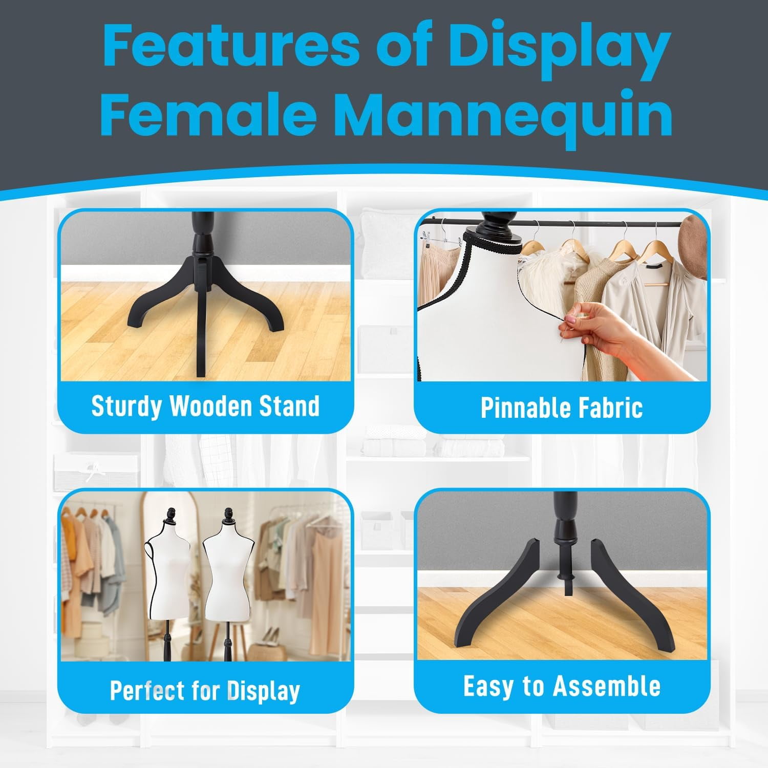 Mannequin - Adjustable Height, Durable Foam and Canvas Construction, Wooden Base, Compact Shoulder Width, Lightweight, Versatile Display for Clothing and Accessories, White