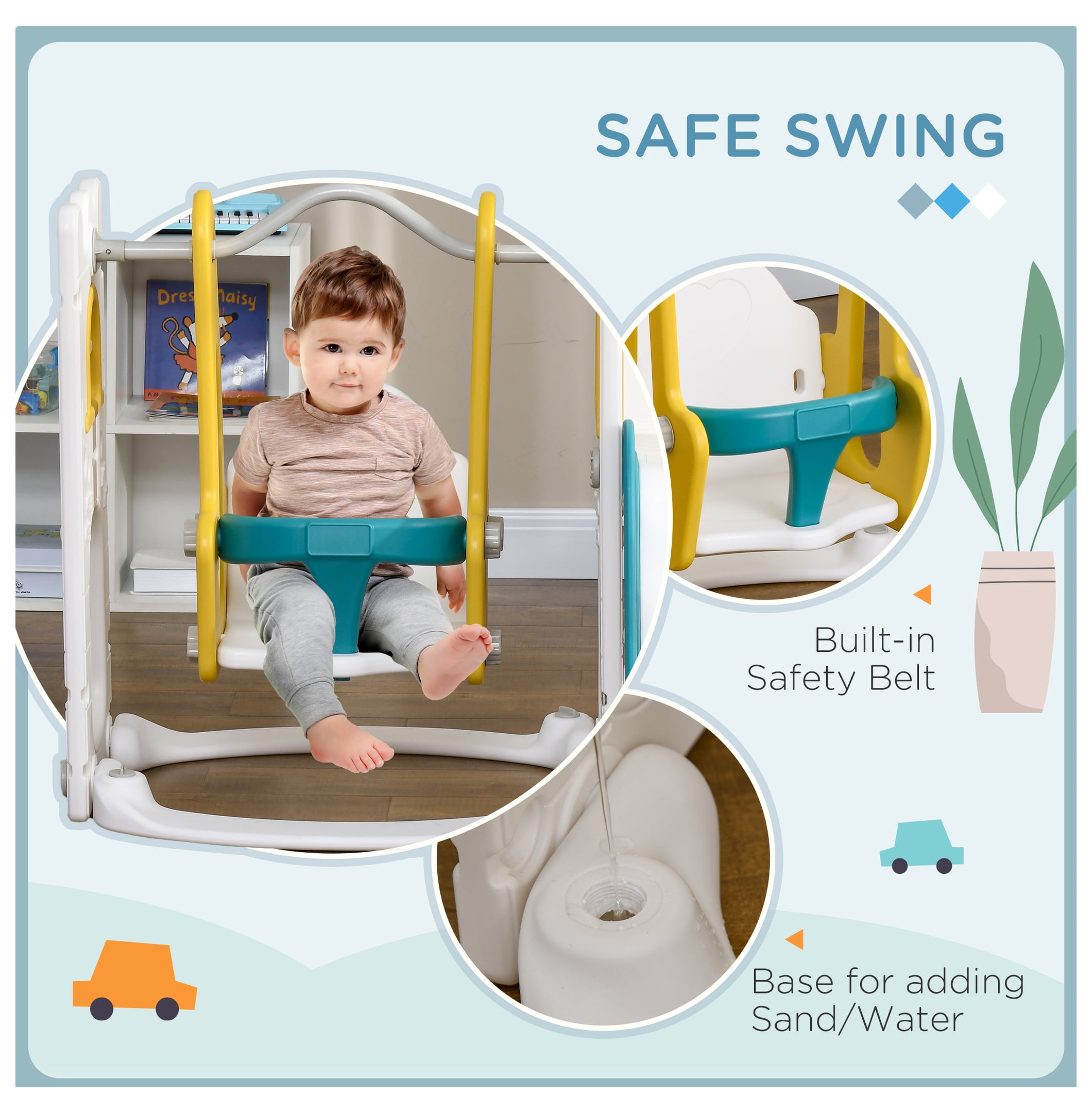 Qaba 6 in 1 Toddler Slide and Set, Baby Slide for Age 1-3 Years with Basketball Hoop, Climber, Storage Space, Telescope, Indoor , Yellow