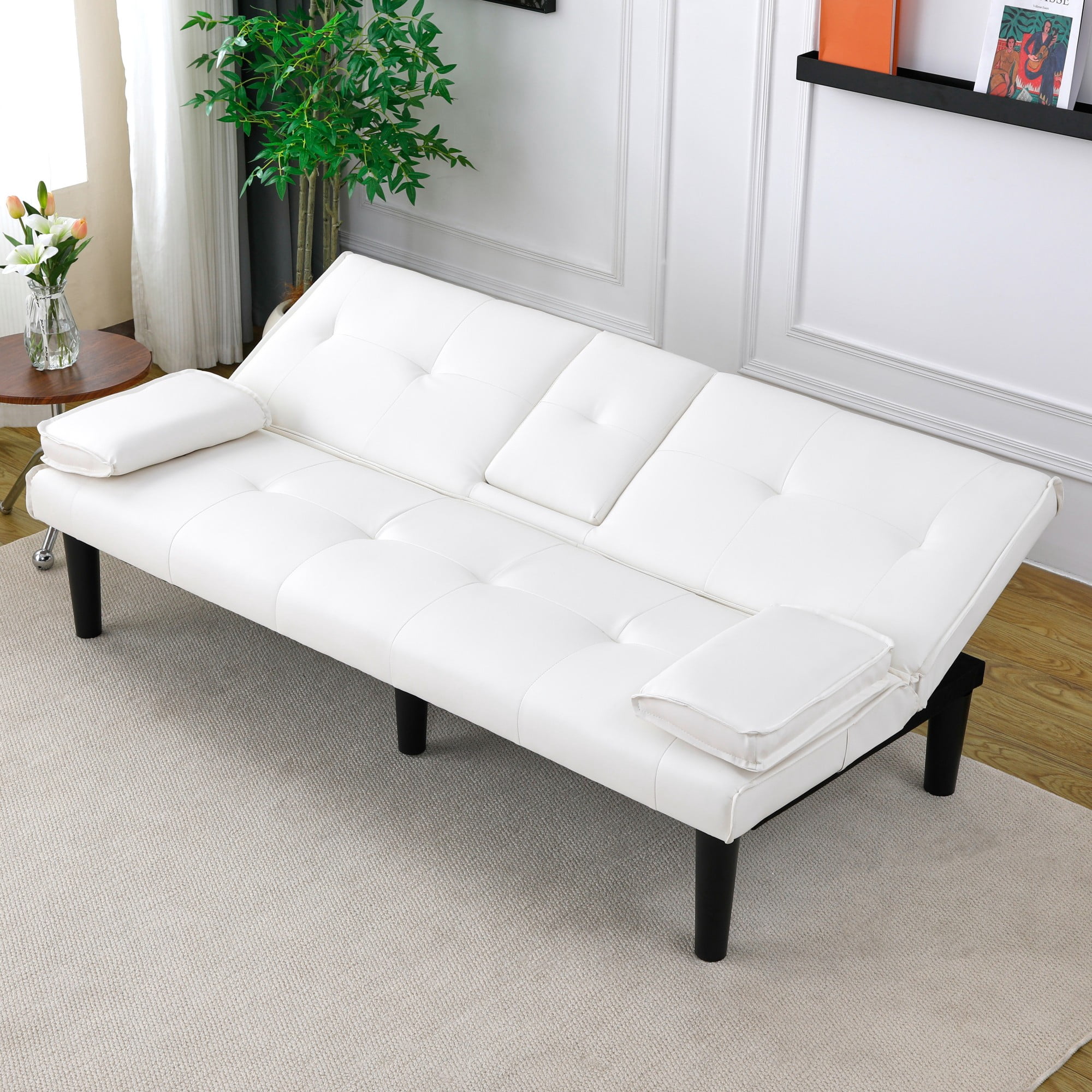 67 inch Futon Sofa Bed Faux Leather Couch Modern Convertible Folding Recliner with 2 Cup Holders for Living Room,Bedroom,White