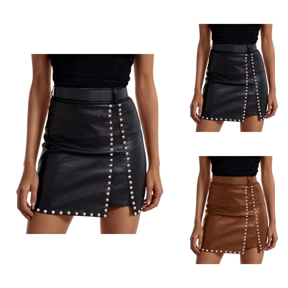 Leather Skirts for Women Zip Back High Waisted Side Slit Metallic Leather Mini Skirt