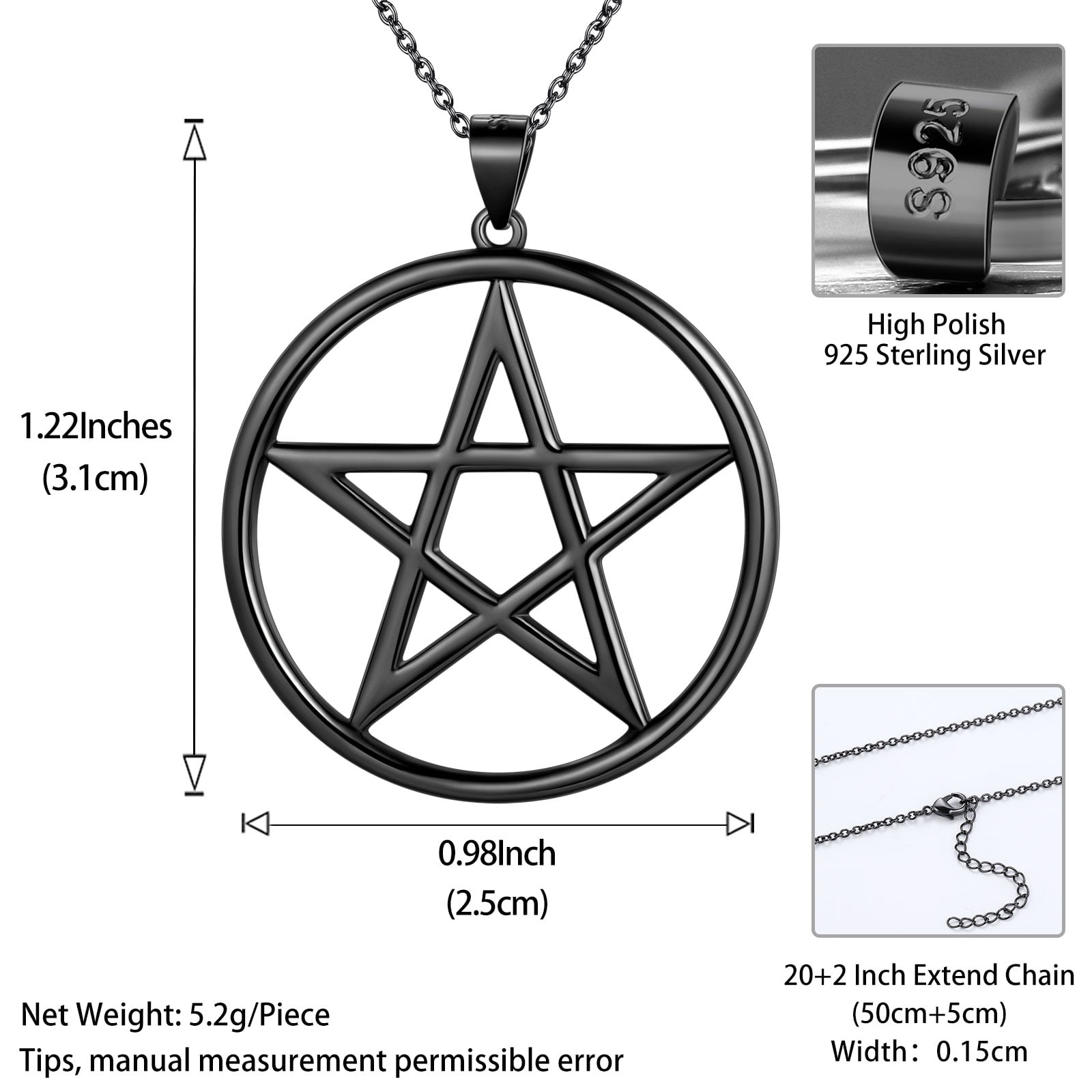 Hipunk 925 Sterling Silver Pentagram Necklace for Men Women Star Pendant Black Pentacle Necklace Wicca Pagan Jewelry Father's Day Gifts