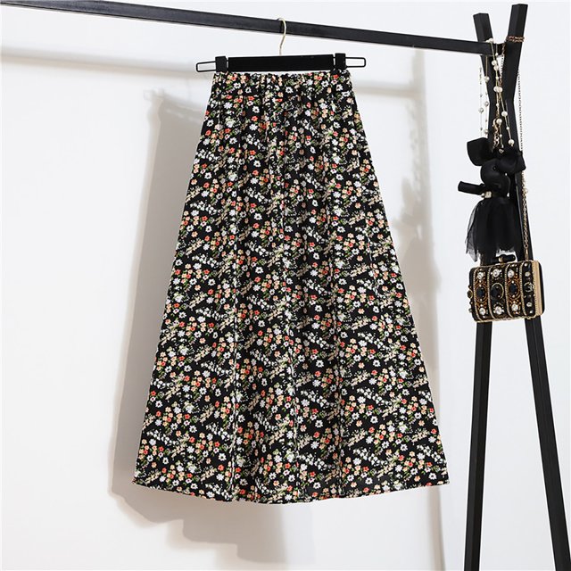 ICHUANYI Clearance Women's Elastic Waist Printed Mid-length With Pleated Large Hem A-line Skirt(Multicolor, M) Ichuanyi Ichuanyi