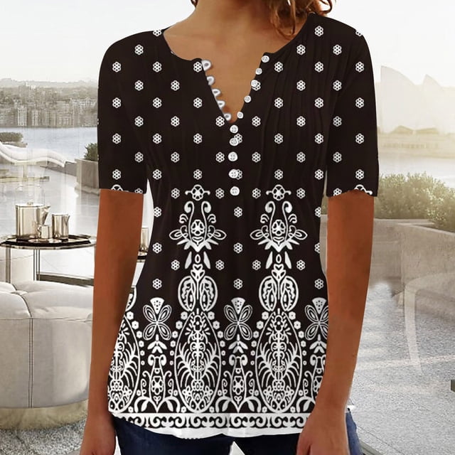 Fiudx Camisas de Mujer Blusa con Botones y Estampado Plisado con Cuello Redondo Informal a La Moda para Mujer