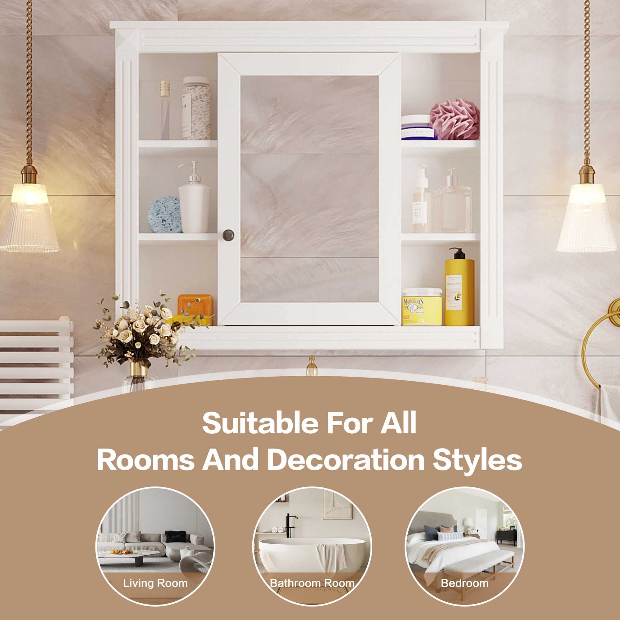 35'' x 28'' Wall Mounted Bathroom Storage Cabinet, White Medicine Cabinetwith Mirror, Mirror Cabinet and 6 Open Shelves