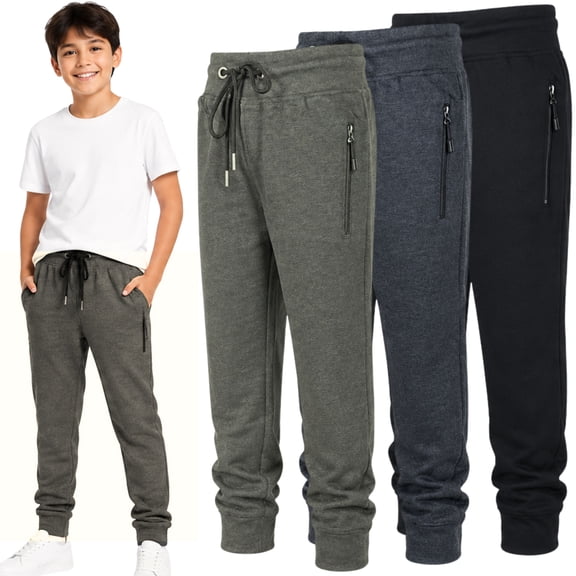 BROOKLYN VERTICAL 3-Pack Boys Fleece Cotton Joggers Sweatpants with Reflective Zipper Pocket and Drawstring | Small-XL