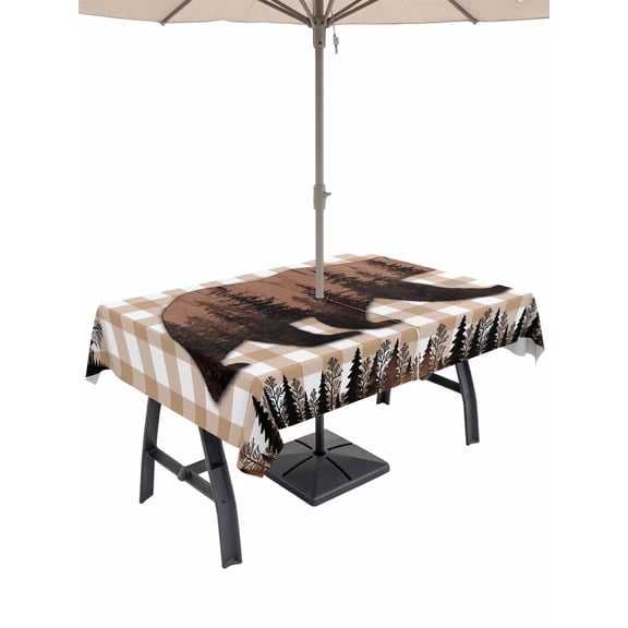 Outdoor Tablecloth with Umbrella Hole for Patio/Picnic/Party/Camping, Brown Bear Cabin Waterproof Table Cloth Rectangle Table Cover Washable, Vintage Pine Tree Brown Buffalo Plaid (60"x 102")