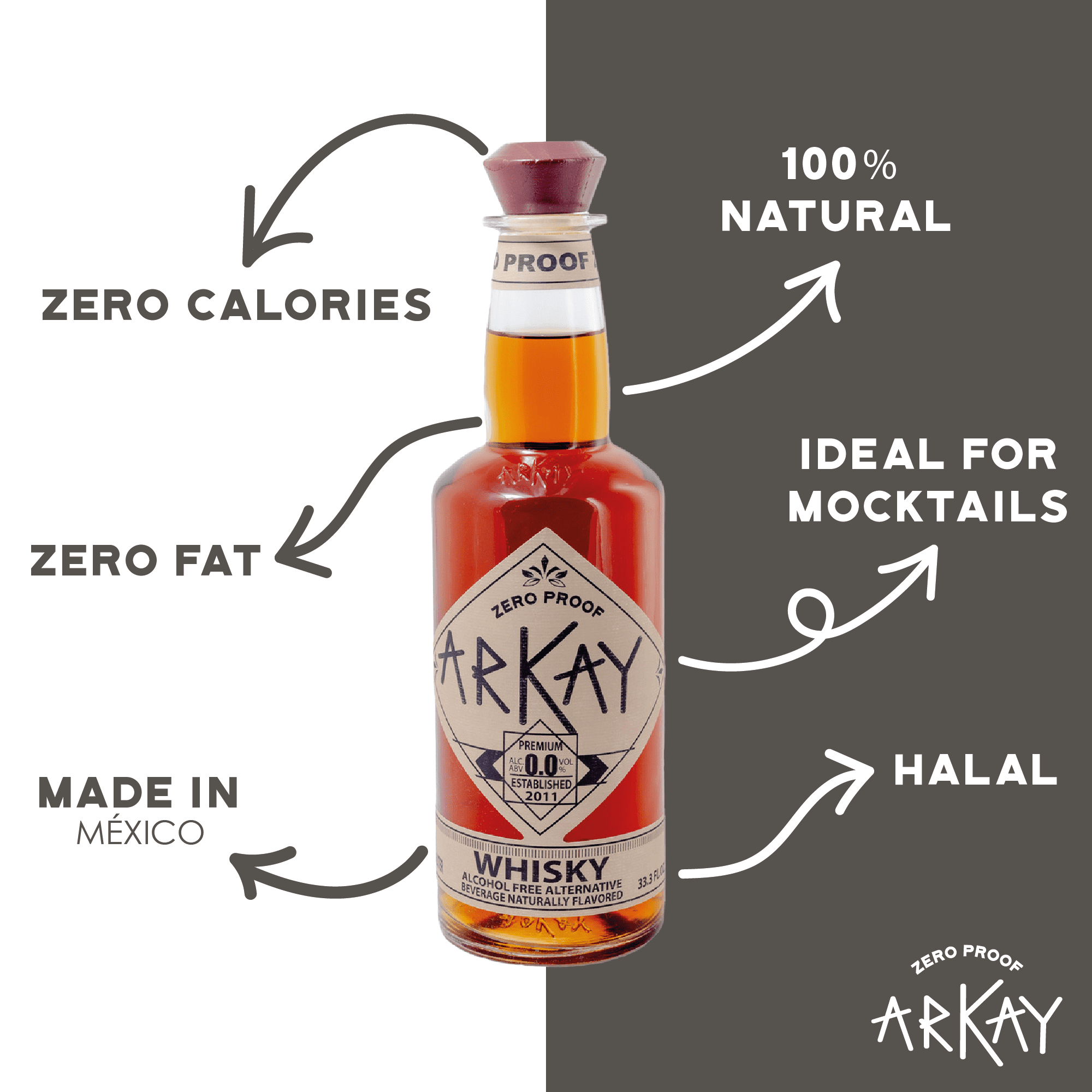 ARKAY | Whisky Zero Proof | Premium Alcohol-Free Alternative | 33.3 fl oz (1L) | Zero Calories & Sugar