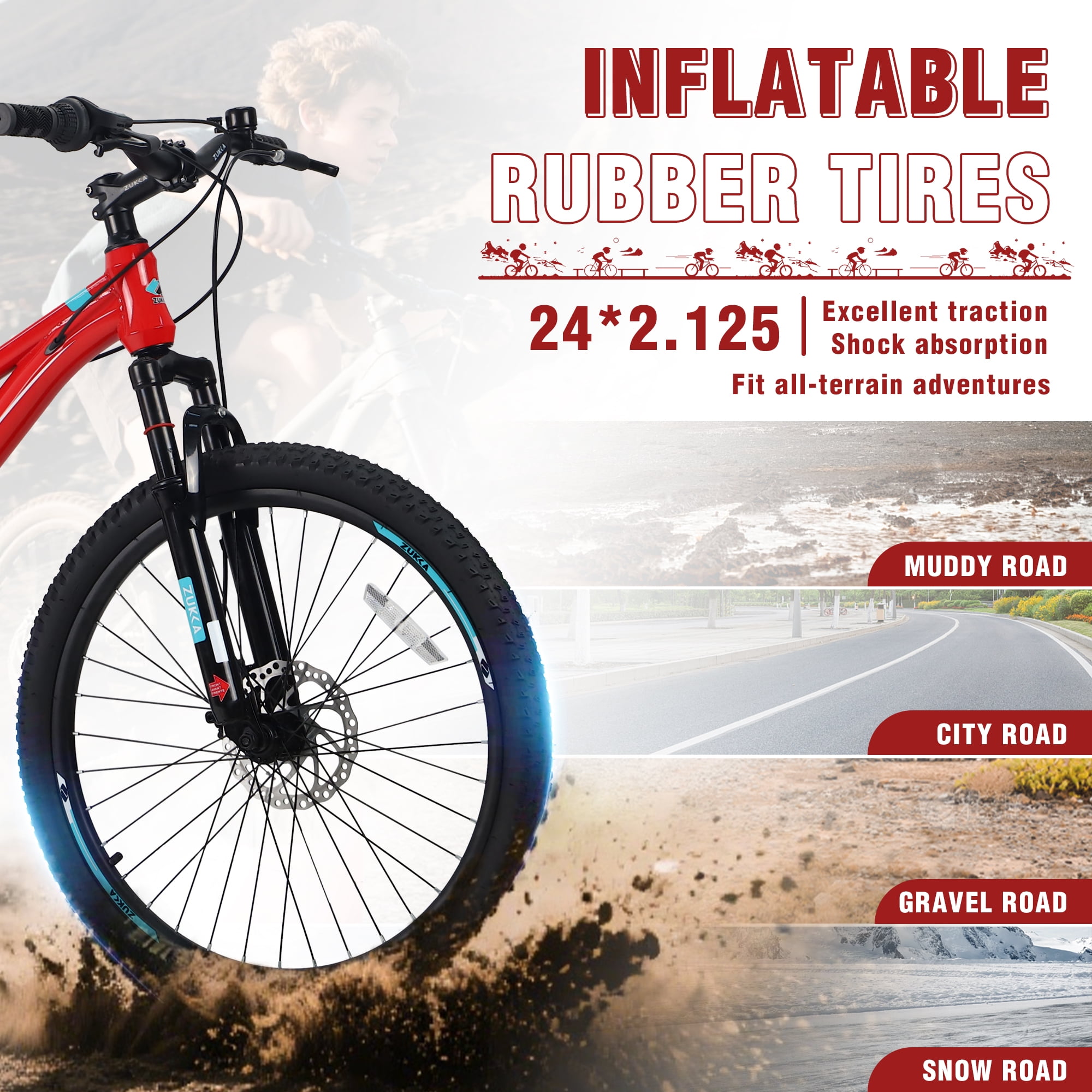 Juuar 24" Mountain Bike for Boys Girls Age 9 10 11 12 Years, 6 Speed Disc Brake Kids Bicycle, Stylish Steel Frame Youth MTB Bike, Fits Riders 4'8"-5'2", Red
