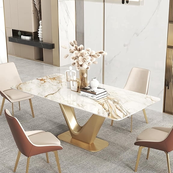 FHKJ HOME 71" Modern Rectangle Dining Table for 6, White Sintered Stone Top & Gold V-Base