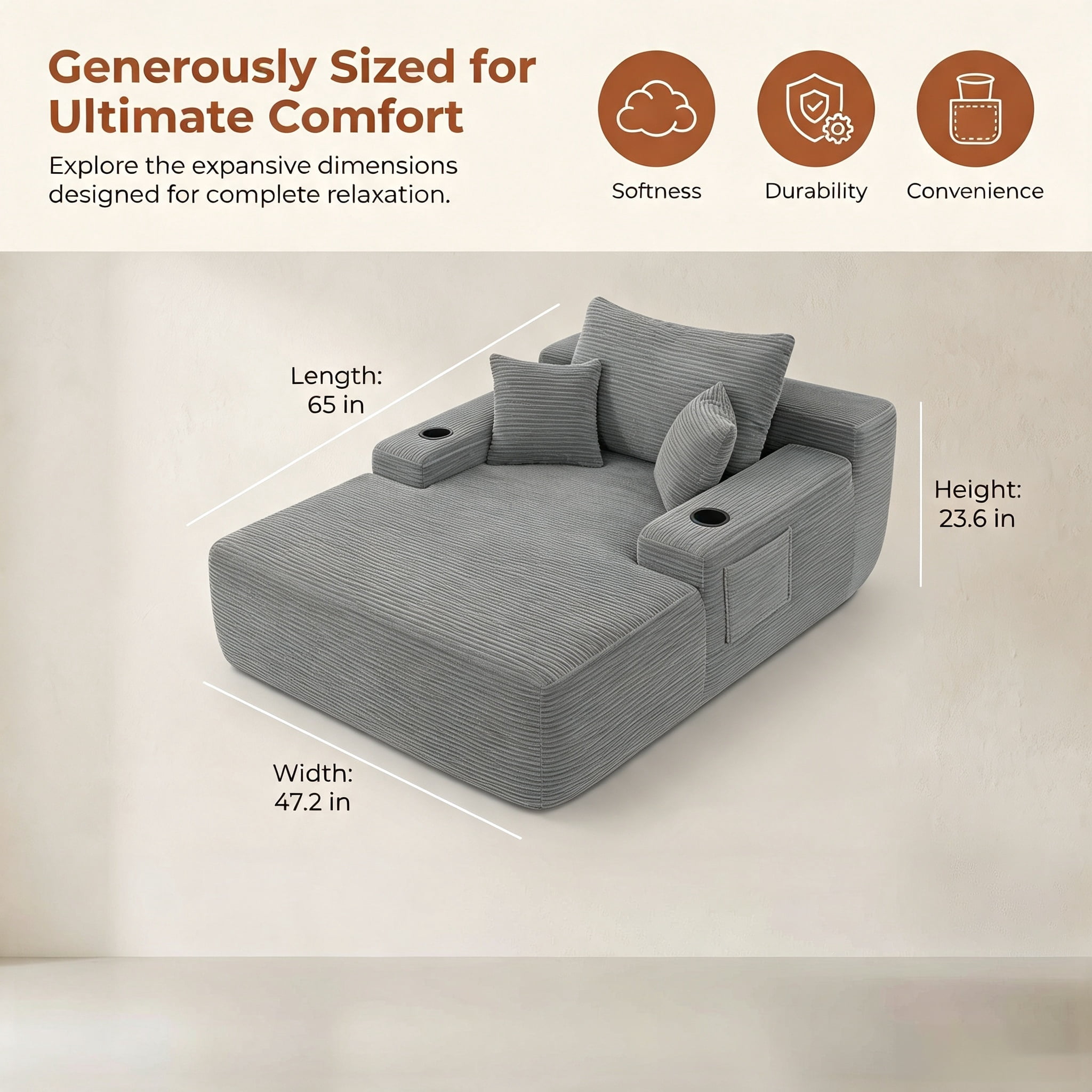 ShiKeyi 65'' Chaise Lounge Chair Indoor, Boneless Sofa Cloud, Plush Corduroy Chaise Couch with Cup Holders, Side Storage Pocket & Pillows, No Assembly Required, Gray