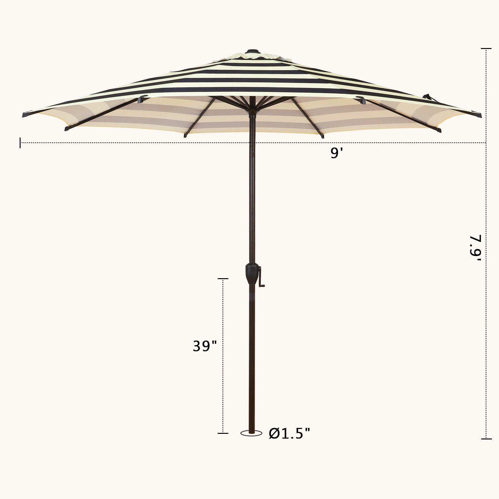 Abba Patio 9ft Outdoor Patio Umbrella, Push Button Tilt and Crank, 8 Ribs, Black & Cream Stripe