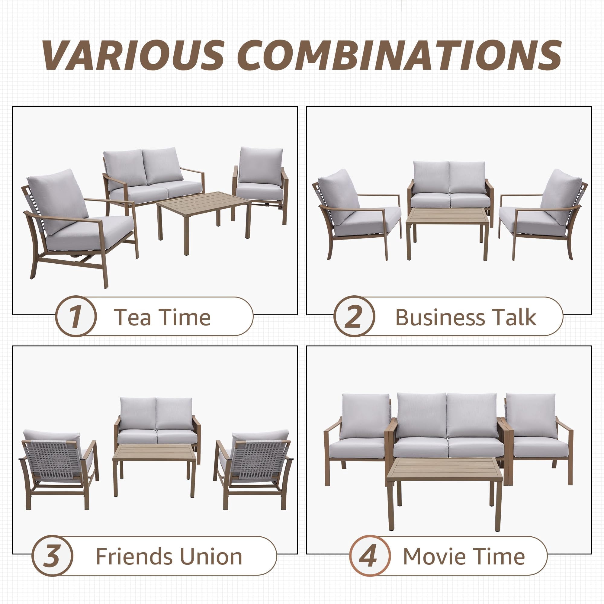 NATURAL EXPRESSIONS 4 Pieces Patio Furniture Sets, Modern Metal Outdoor Conversation Sets with High Back All Weather Hand-Woven Rope Rocking Chairs, Loveseat, Metal Table, 6" Thick Olefin Cushions