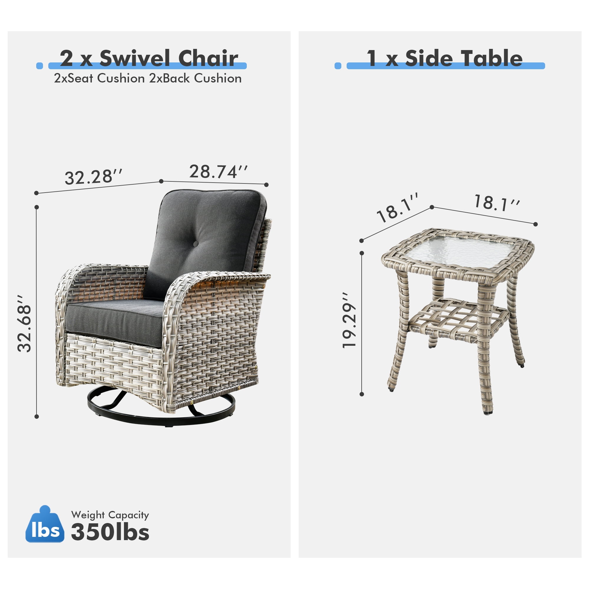 XIZZI 3-Piece Patio Furniture Set High Back Patio Conversation Chairs Set Outdoor Swivel Glider Rocker Chairs Wicker Outdoor Rocking Swivel Chairs with Side Table for Porch, Black