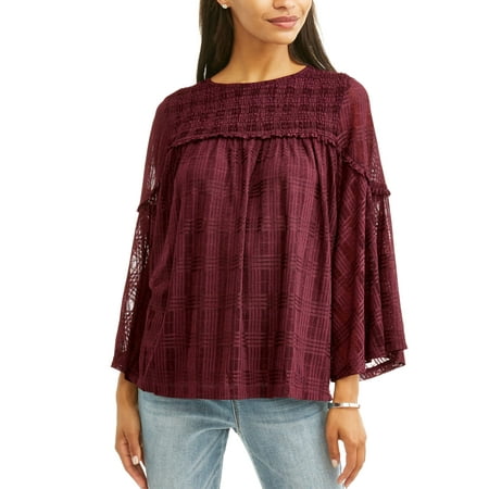 - Women's Printed Lace Peasant Top