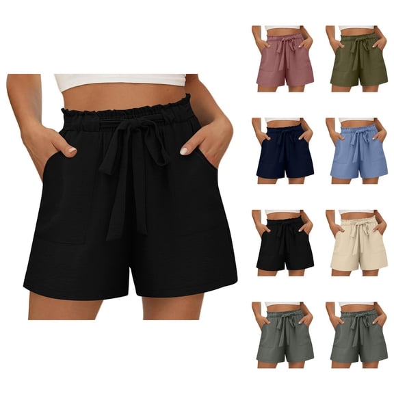 Cotton Linen Shorts for Women Summer Casual Soft Lightweight Elastic Waist Wide Leg Loose Beach Shorts with Pockets