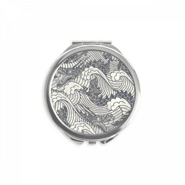 China Blue Dragon Wave Line Painting Repeat Hand Compact Mirror Round Portable Pocket Glass