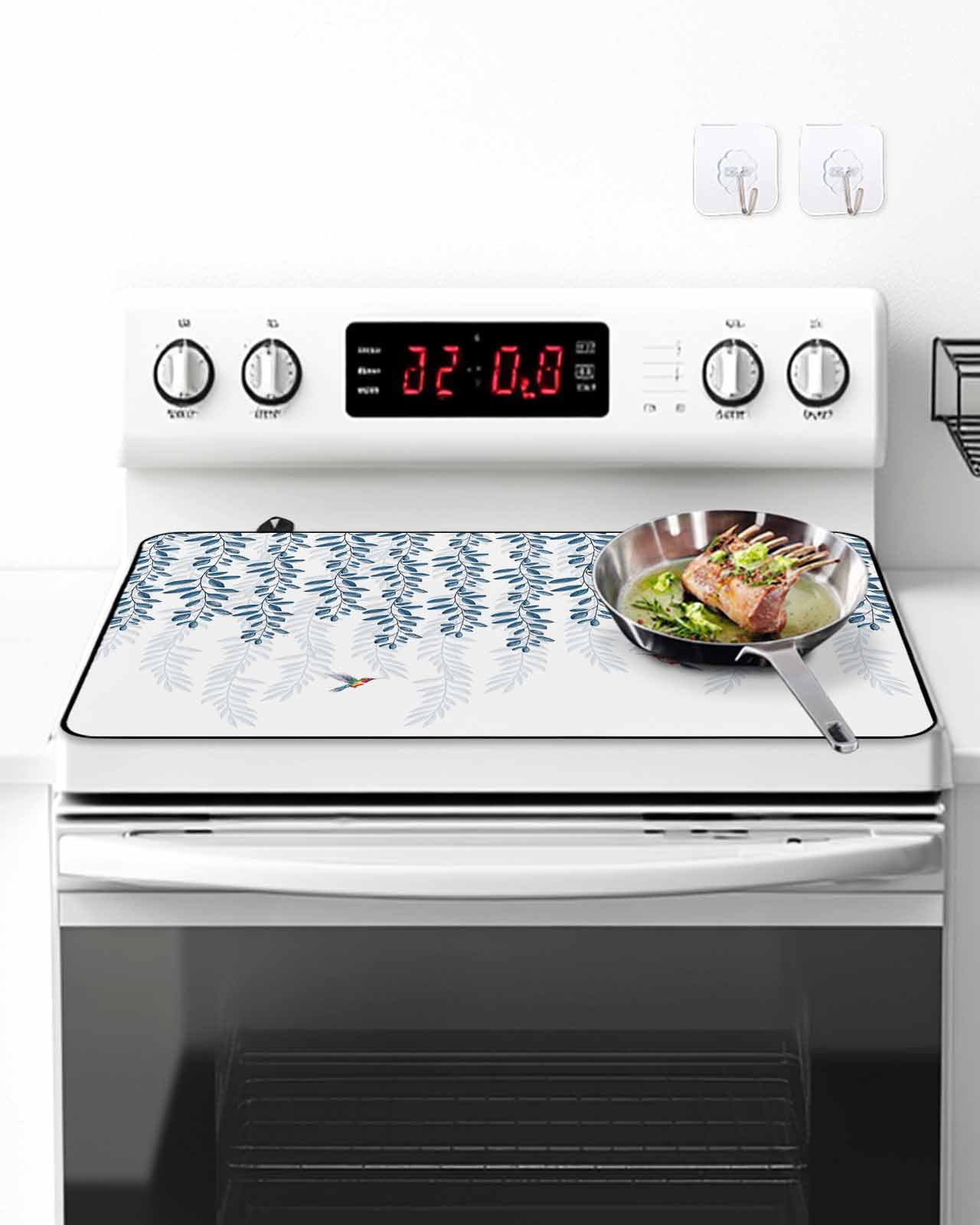 Stove Top Covers for Electric Stove, Blue Botanical Glass Stovetop Cover Protector, Pastoral Spring Floral Summer Birds Induction Cooktop Protector Oven Mat for Kitchen Countertop 24"x21"