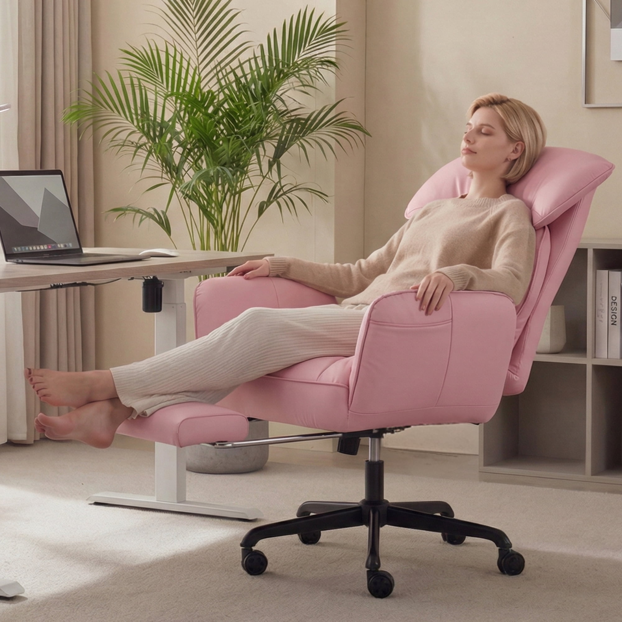 GOOSEA Office Chair with Swivel-Out Armrests, Criss Cross Chair with Pocket Spring Seat Cushion and Backrest, Executive Desk Chair with Ergonomic Headrest and Footrest, Pink
