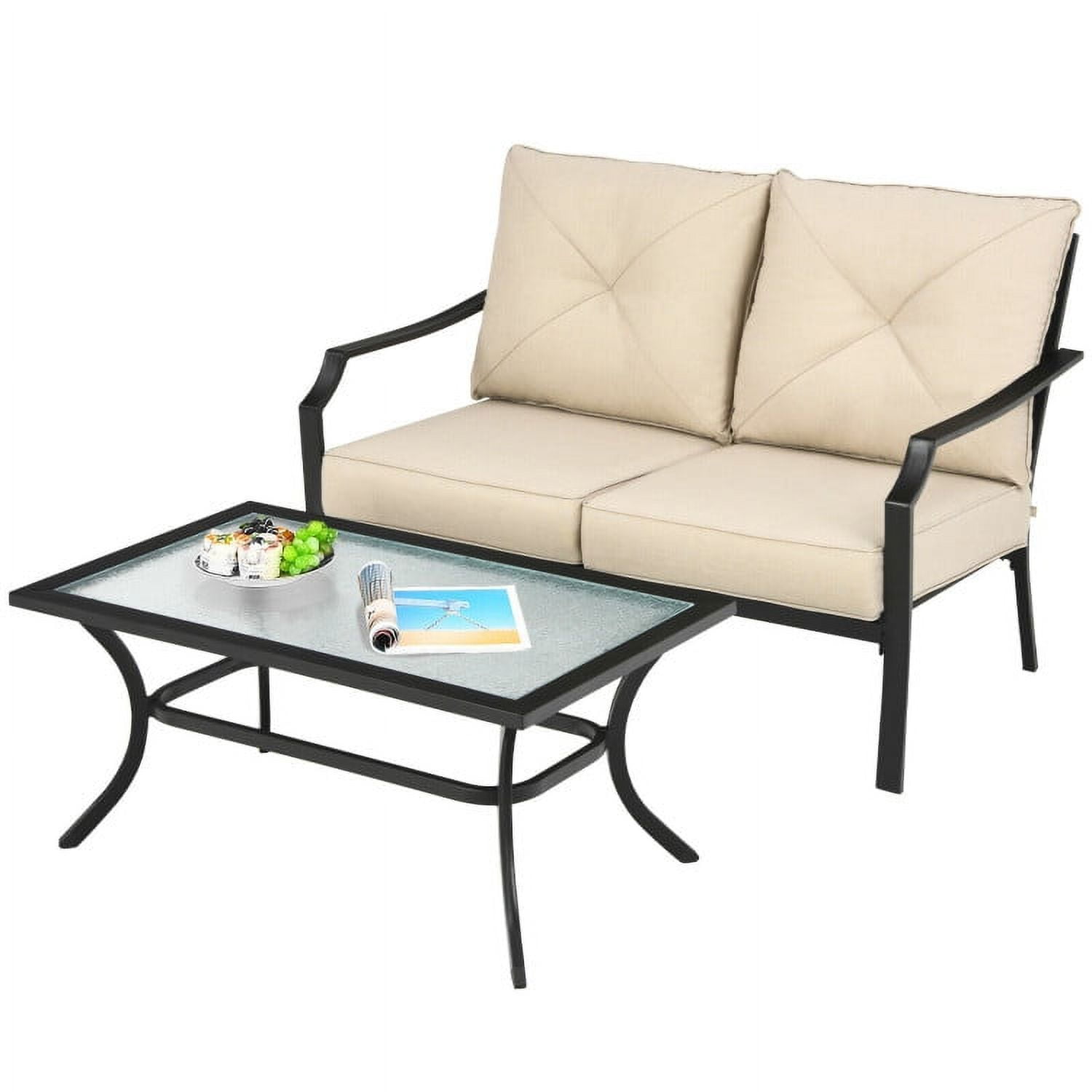 Aimee Lii 2 Pieces Patio Outdoor Cushioned Sofa Bench with Coffee Table, Outdoor Patio Furniture Sets, Beige Aimee Lii 2 Pieces Patio Outdoor Cushioned Sofa Bench with Coffee Table, Outdoor Patio Furniture Sets, Beige