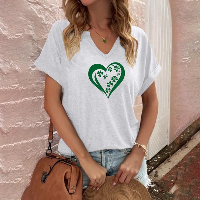 Soki Hauts Décontractés à Manches Courtes et Col en V Imprimés pour la Saint-Patrick pour Femmes en Liquidation