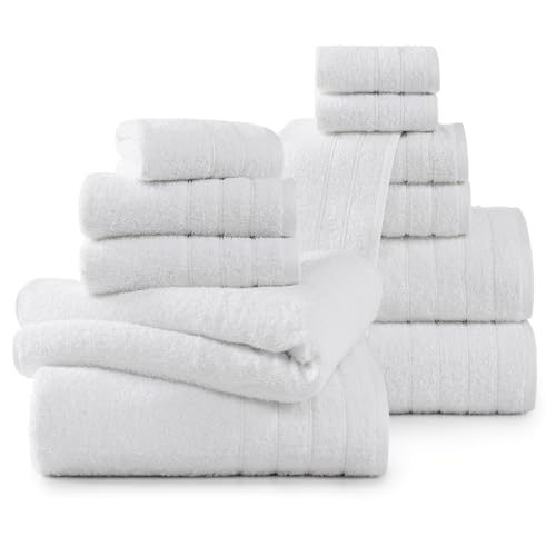 Casa Platino 12 Piece White Cotton Towels Set - Includes 4 Large White Bath Towels, 4 Hand Towels & 4 Washcloths - Soft Absorbent Towels for Bathroom
