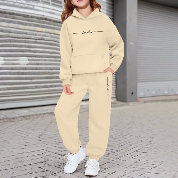 Girls Long Sleeve Hoodie Sweatshirt Letter Print Casual Wear Outdoor Activities Outfit Set Girls Casual Outfit Sets