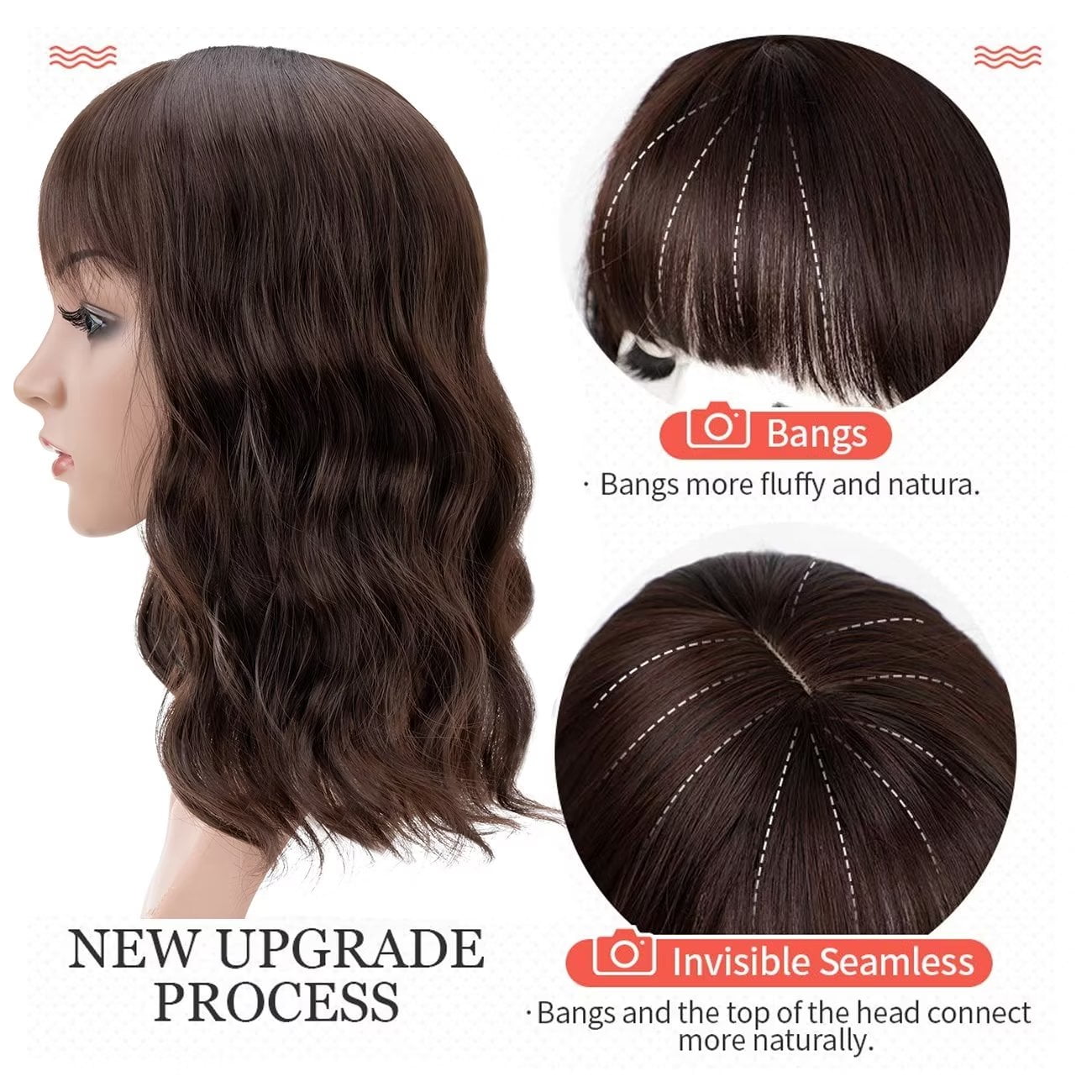 Benehair Mix Brown Wave Curl Hair Toppers with Bangs for  display picture 1