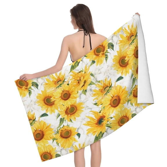 Artistic Marble Pattern Sunflower Bath Towel - Towels for Bathroom, Beach Towels, Hand Towels for Bathroom Lightweight and Quick Drying Towels for Sport Yoga Fitness (32 x 52) inch