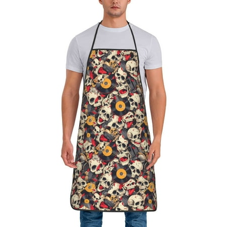 

Xecao rock Skull record artist Print Funny BBQ Chef Aprons for Men Women Adjustable Kitchen Cooking Aprons with Pocket Waterproof Oil Proof No Pilling Fading