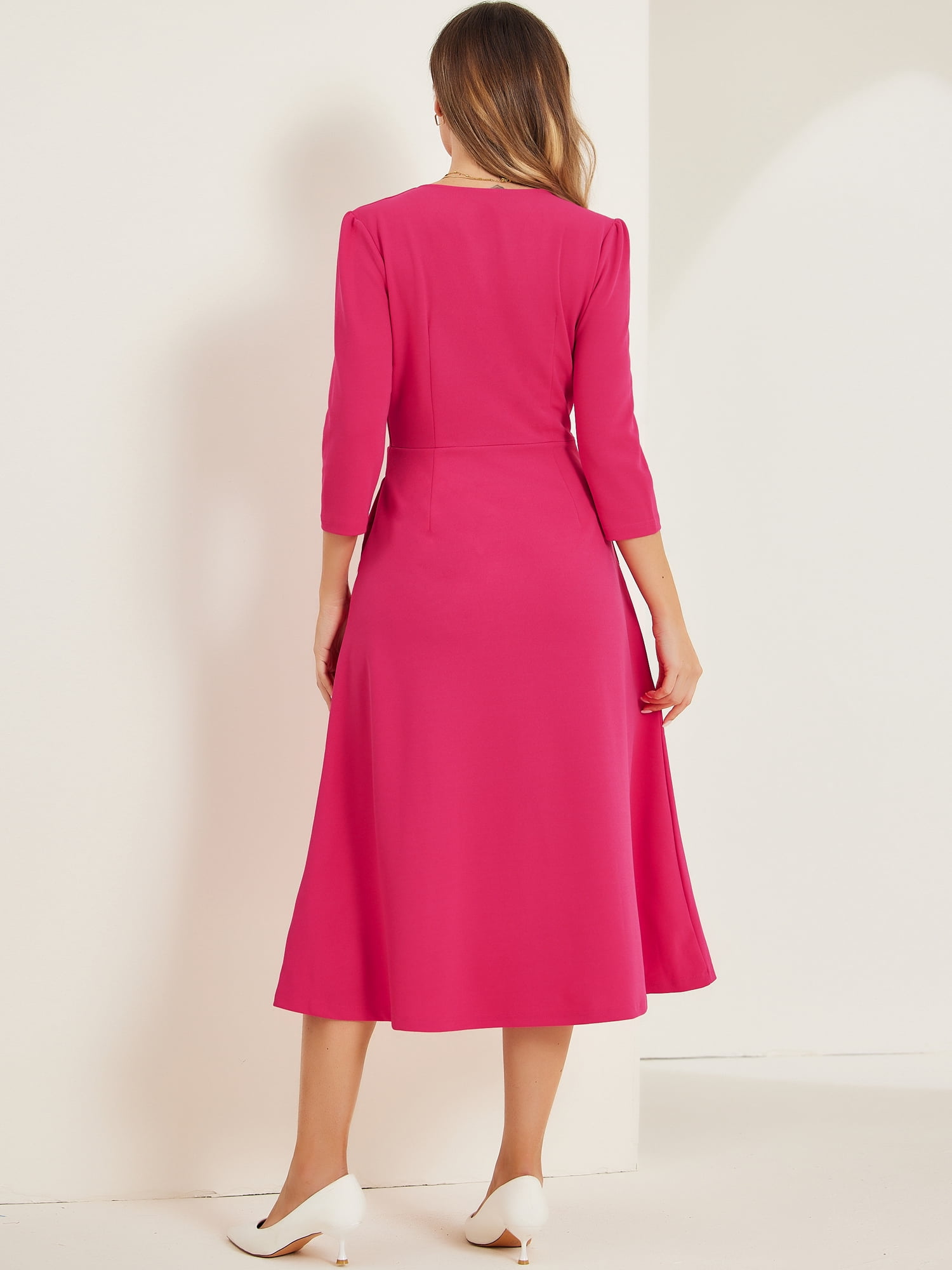 DARING DIVA Work Office Elegant 3/4 Sleeve V Neck A-Line Dress XS Hot Pink