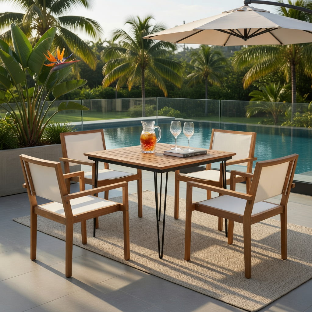 Hommoo 2-Pack Stackable Outdoor Dining Chairs with Acacia Wood Frame & Weather-Resistant Fabric, Ergonomic Design for Patio, Deck, Balcony, White+Natural